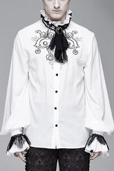 Blouse gothique pour hommes à manches longues en chiffon blanc brodé
